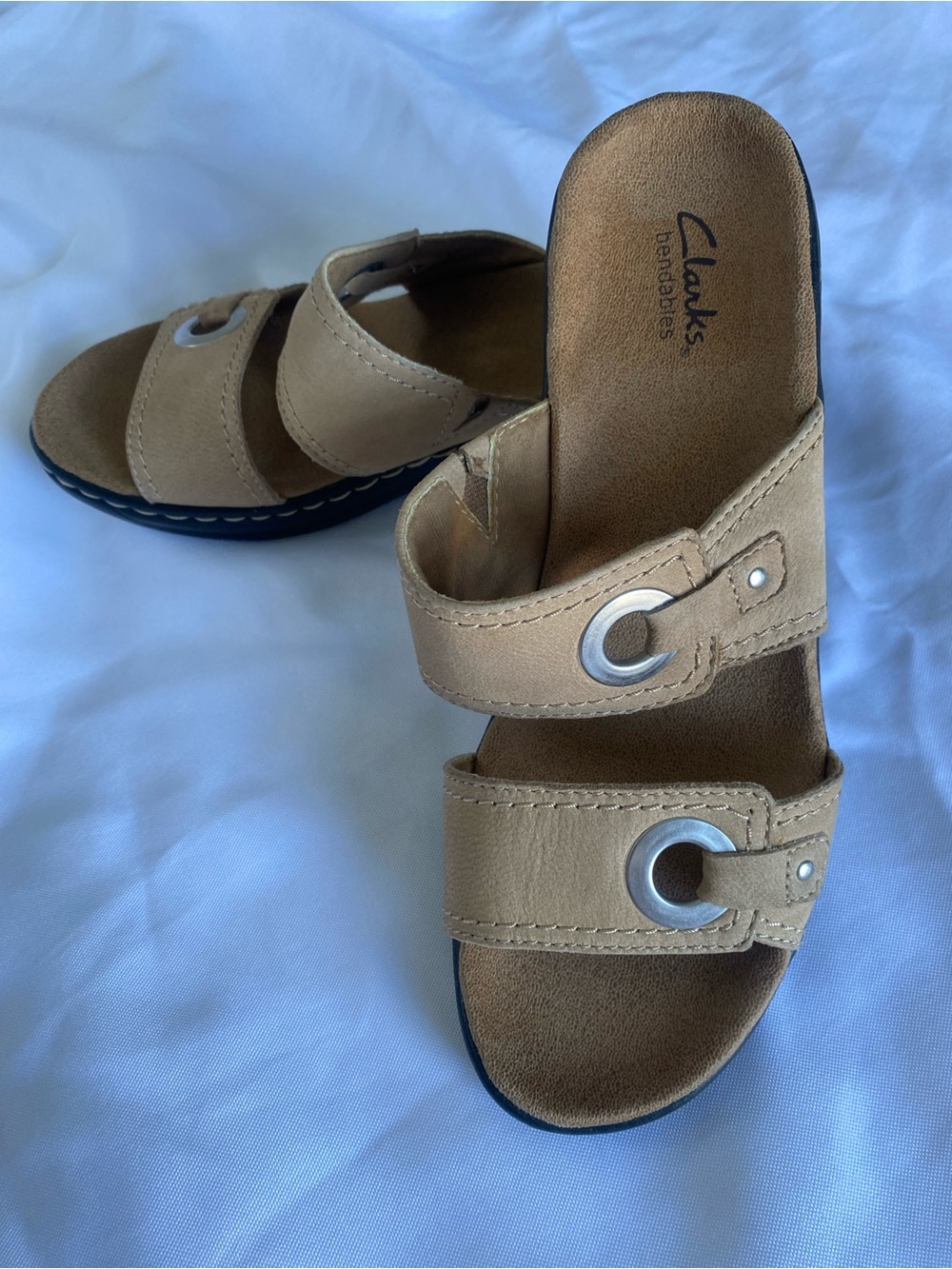 Clarks Tan Double-Strap Slide Sandals with Silver Eyelet Accents